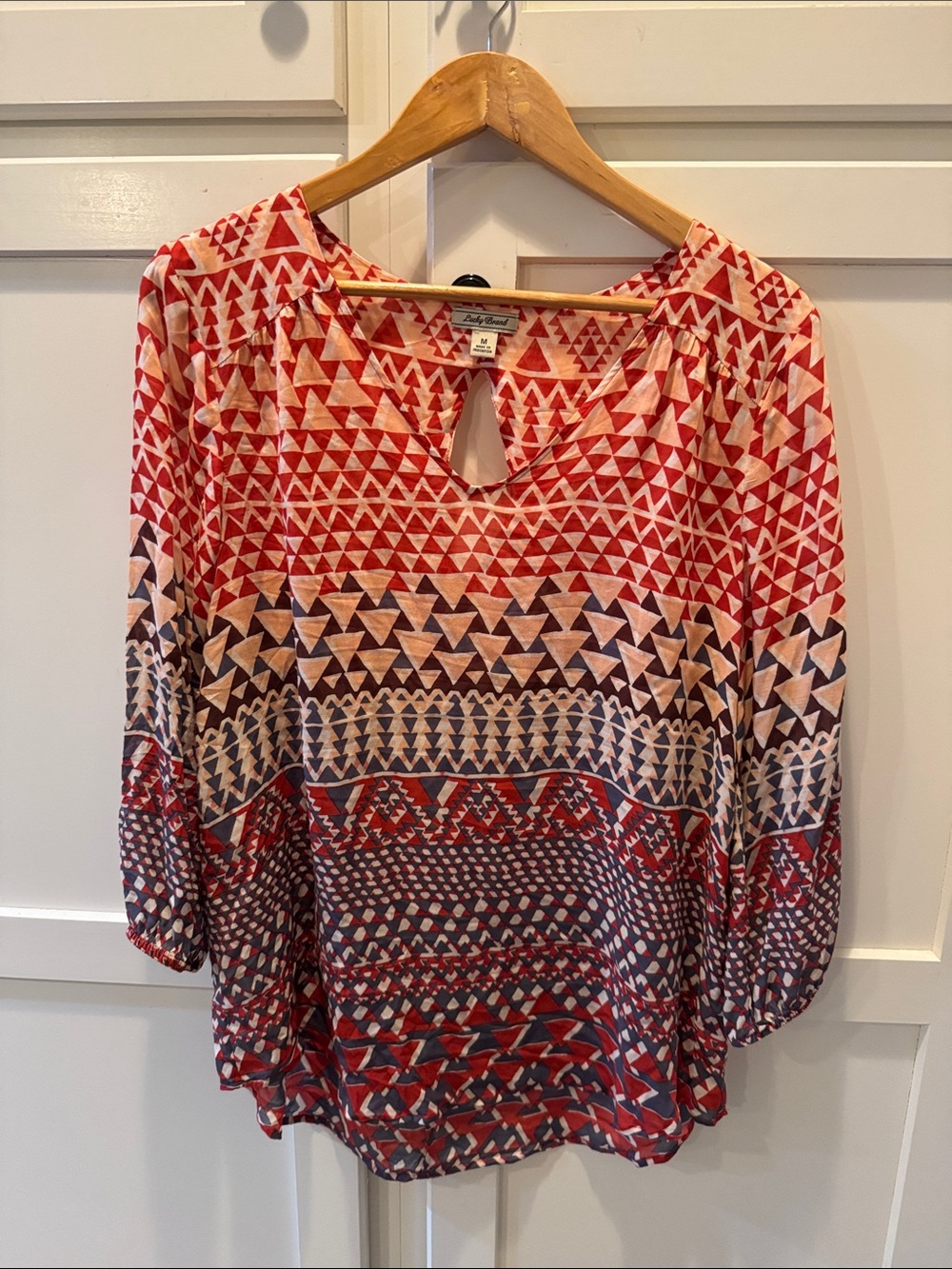 Lucky Brand Red and Navy Geometric Peasant Blouse